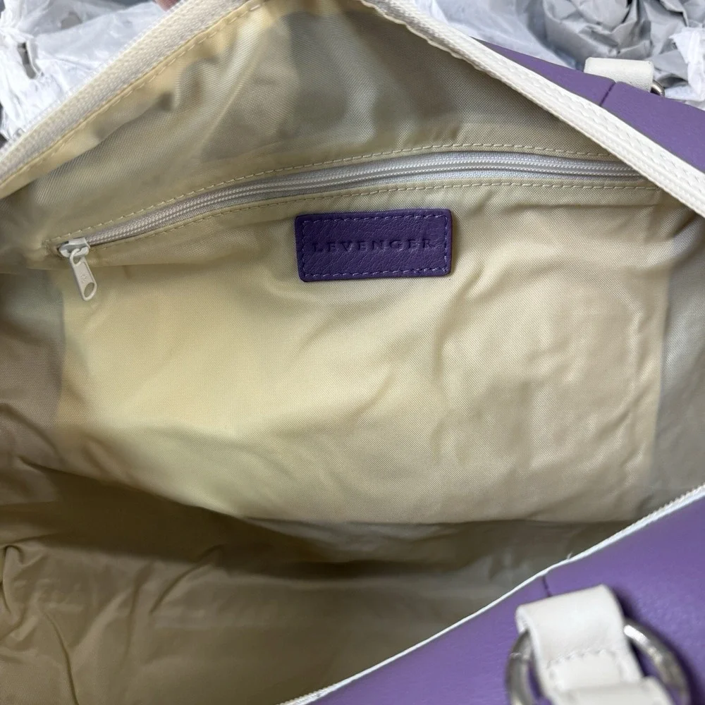 Levenger Leather Duffel Travel Weekend Touring Bag Grape Purple Cream Strap NEW